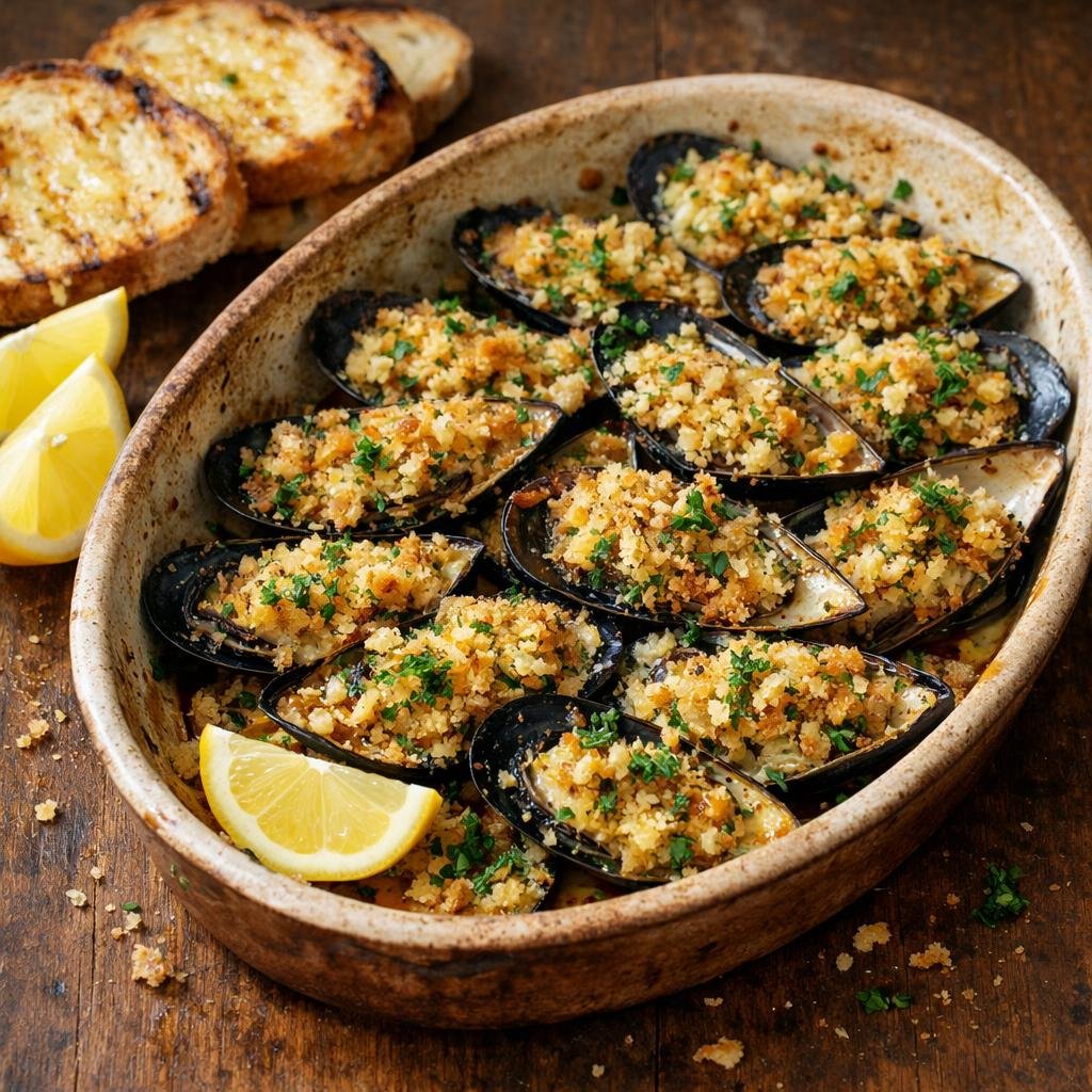 moules gratinées au four