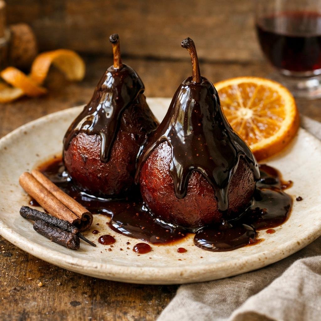Poires pochées au vin rouge