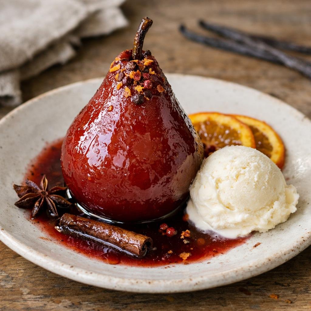 Poires pochées au vin rouge