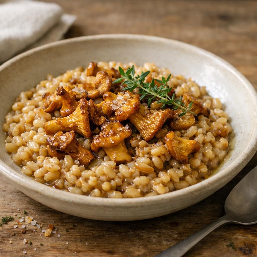 Risotto d&rsquo;épeautre aux girolles, beurre noisette & Sel Fumé Grand Cru