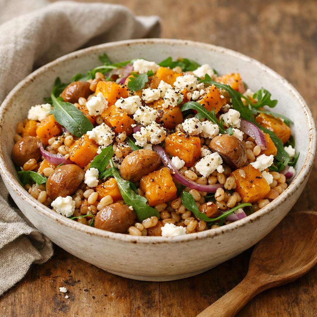 Salade tiède d&rsquo;épeautre, butternut rôti, châtaignes et feta, vinaigrette au Poivre Banasura