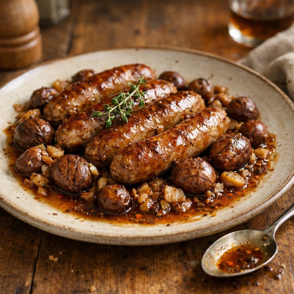 Saucisses poêlées aux châtaignes