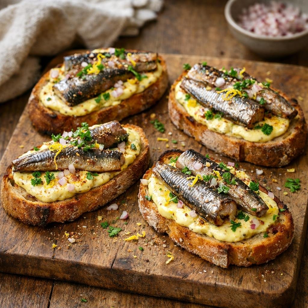 Tartine de sardines fumées, crème citronnée au Curry Breton et zeste