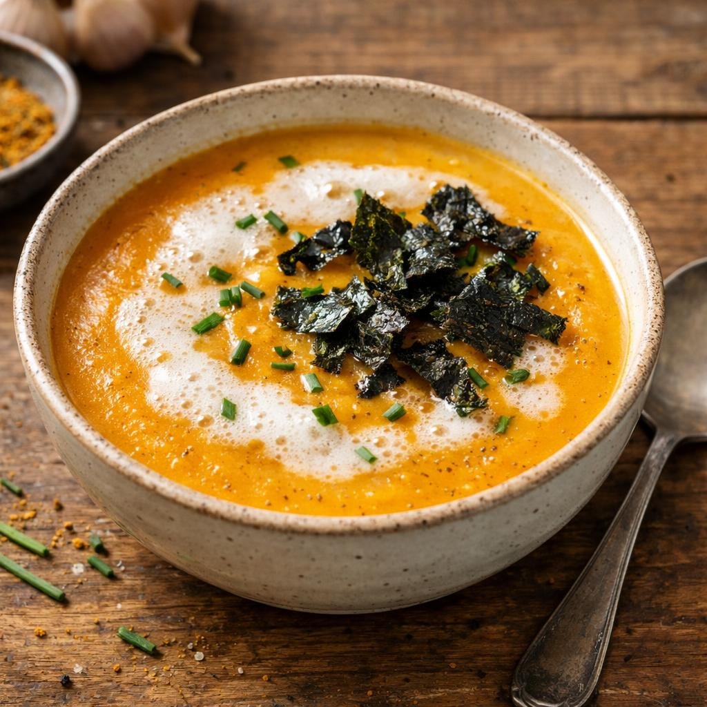 Velouté butternut Curry Breton, émulsion au beurre salé et chips de nori