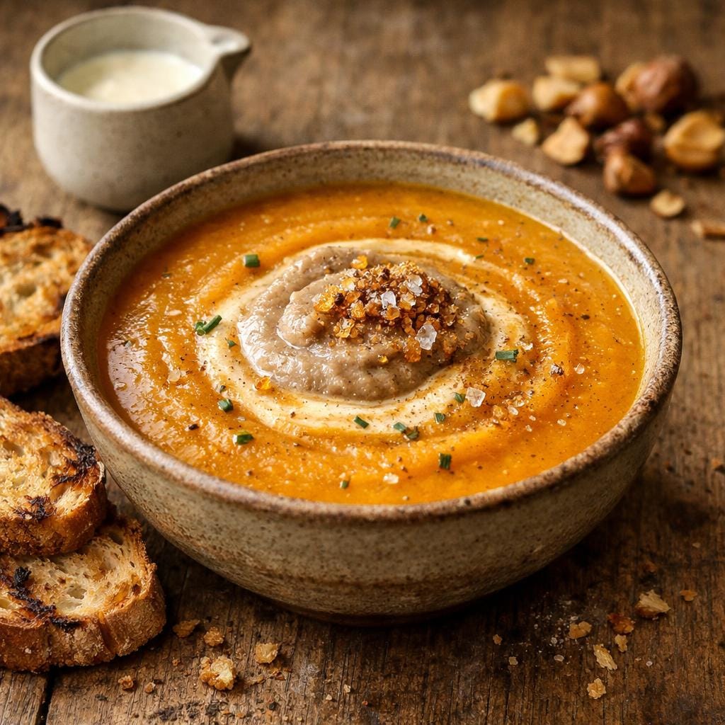 Velouté de butternut rôti, crème de châtaigne & Sel Fumé Grand Cru